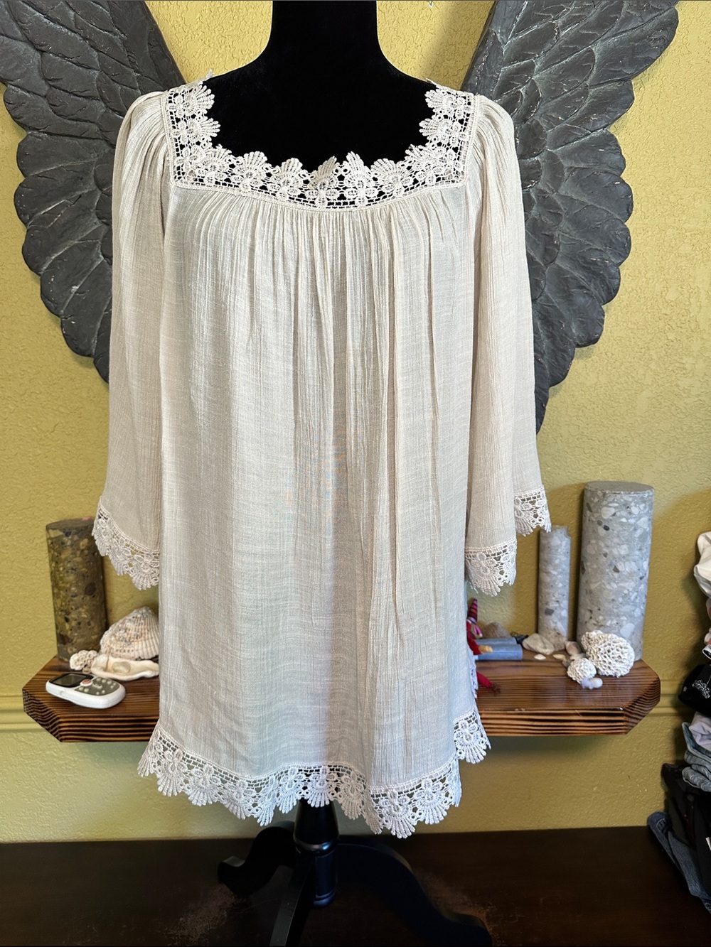 Zac & Rachel Ivory Boho Crochet Trim Peasant Top